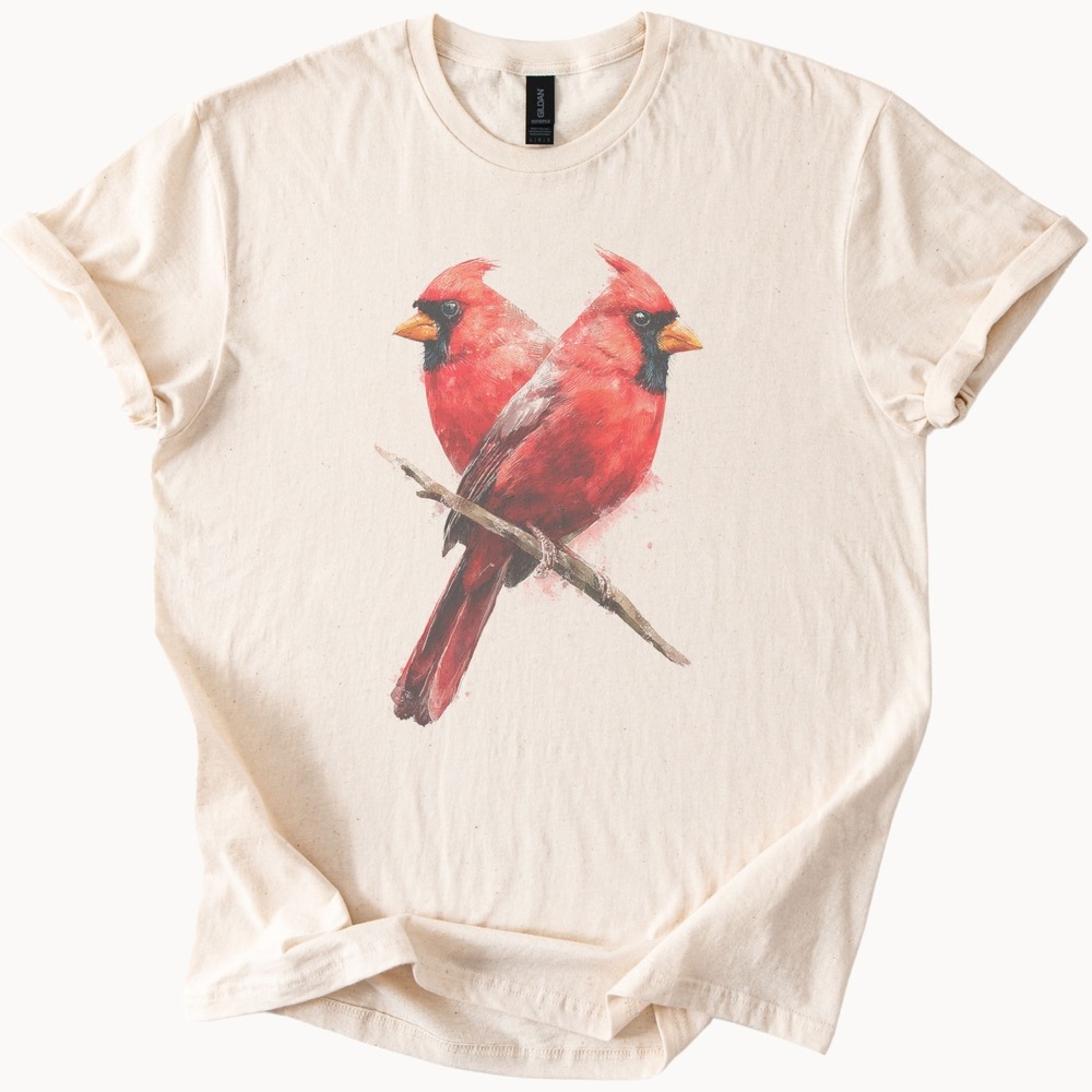 Red Crested Birds Graphic Tee Artistic Nature Illustration